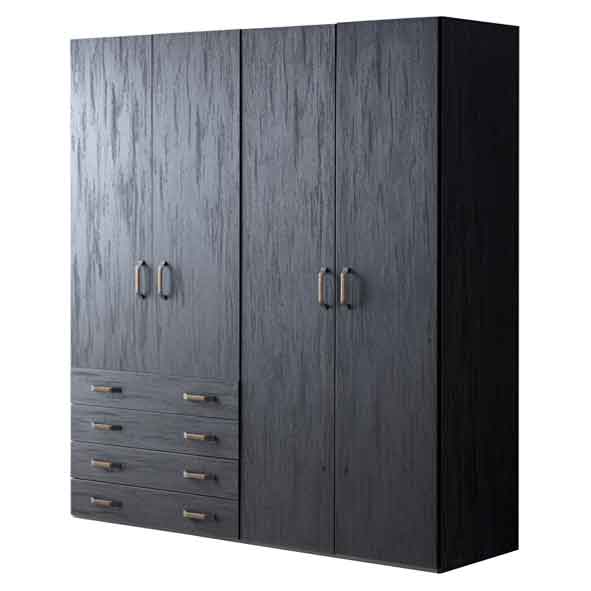 Dark Armoire by Lynda Kids: dark gray four-door wardrobe with drawers and silver handles