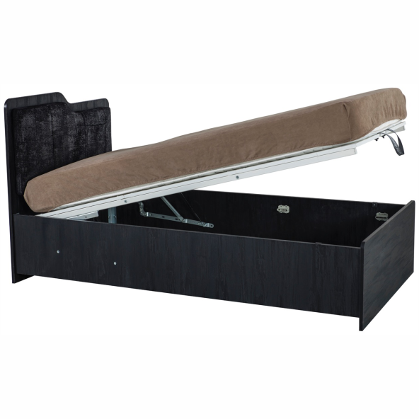 Dark Bed black storage bed frame with open lift-up mattress base and brown mattress