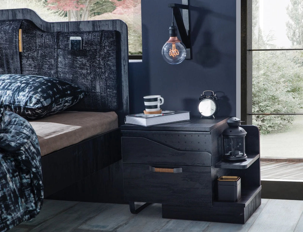 Dark nightstand with drawers and open shelf paired with dark-stained wooden bed frame