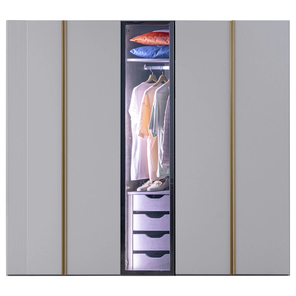 Elegant armoire with gold handles and illuminated glass display, perfect for Lynda Kids