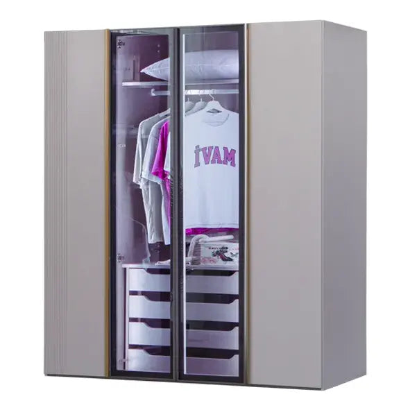 Elegant armoire by Lynda Kids featuring four doors, mirrored sections, and internal drawers