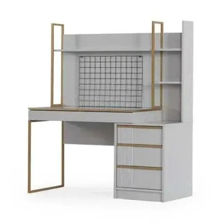 Elegant desk with gray and gold tones, hutch, shelving, metal grid board, and three-drawer cabinet