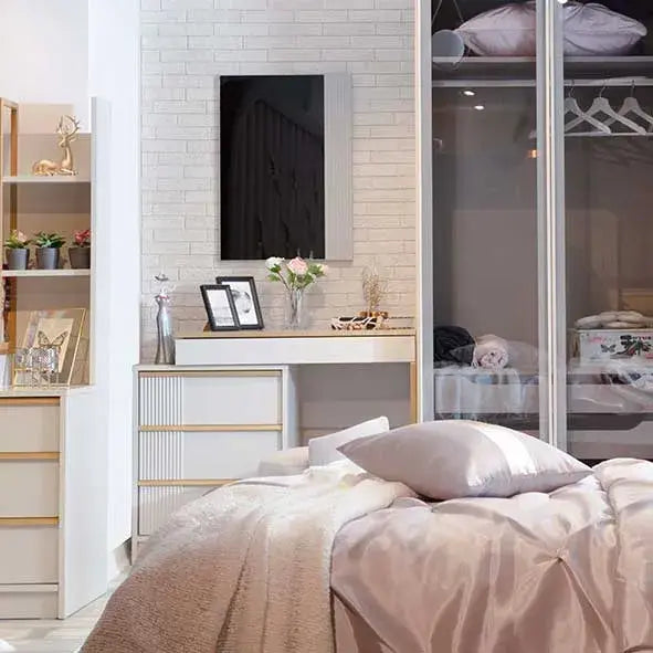 Elegant dresser in a modern bedroom set with light-colored furniture and bedding for Lynda Kids