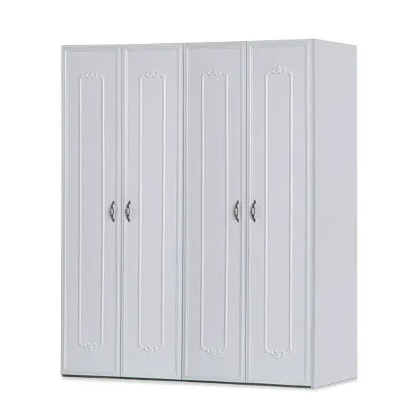White four-door Helen Armoire with decorative handles for Lynda Kids bedroom storage
