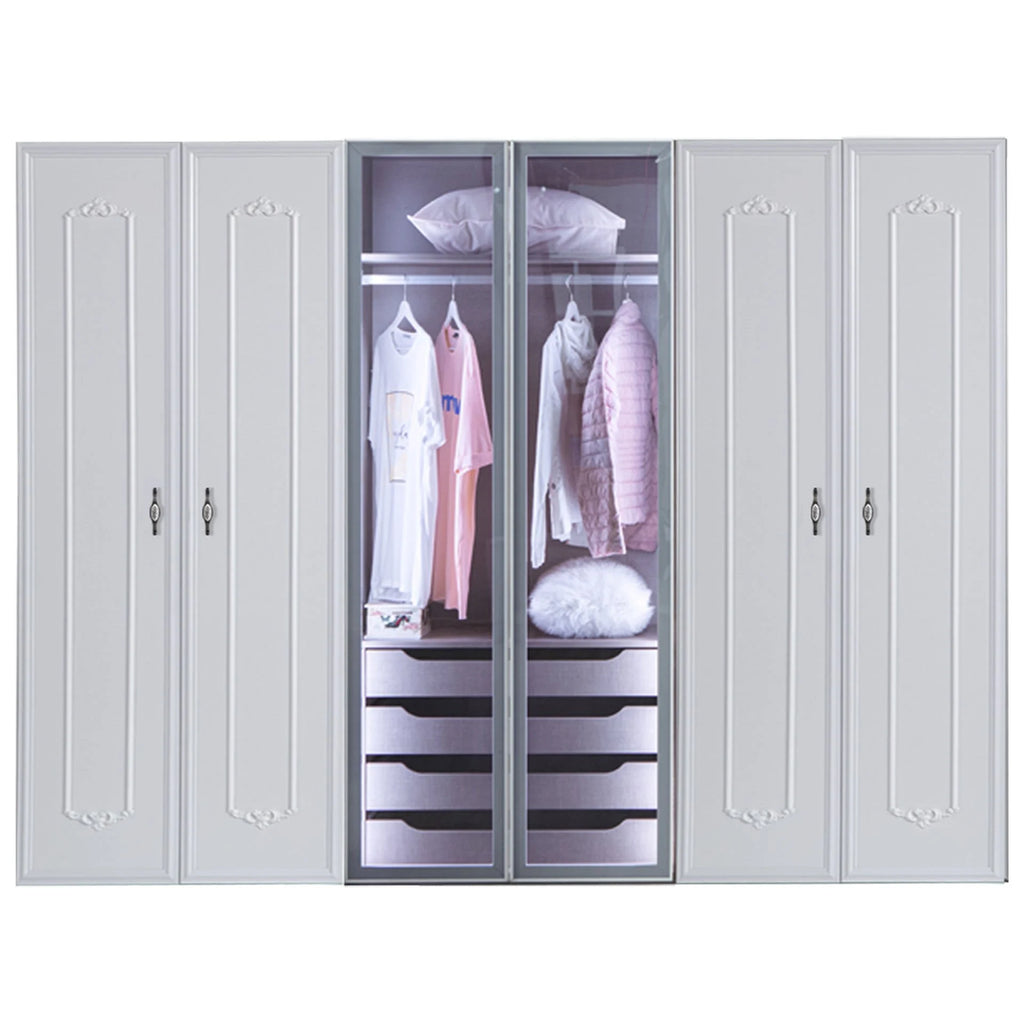 Helen Armoire by Lynda Kids featuring six doors, transparent sections, hanging clothes and drawers