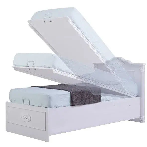Helen Bed by Lynda Kids featuring white wooden frame with pull-out trundle and storage drawer