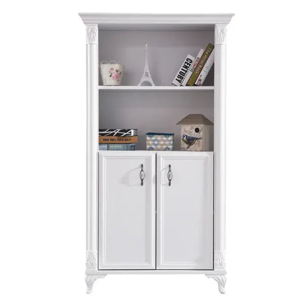 White wooden Helen Bookcase with open shelves and lower cabinet doors for Lynda Kids
