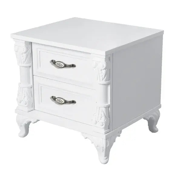Helen Nightstand with ornate carvings and antique handles for Lynda Kids bedroom decor
