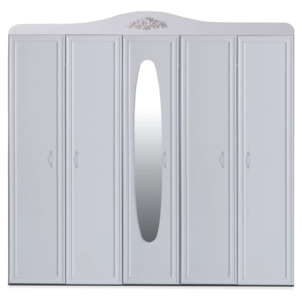 White Isabella Armoire with mirrored door and decorative top molding for Lynda Kids