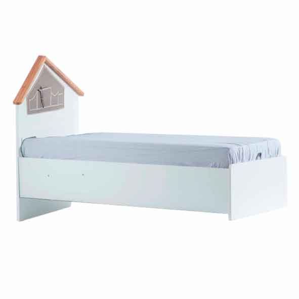 White house-shaped bed with light blue fitted sheet for kids - Lynda Kids house bed