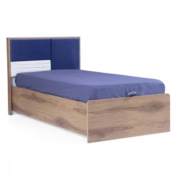 Orion Bed with wooden frame, blue upholstered headboard, and fitted sheet for Lynda Kids