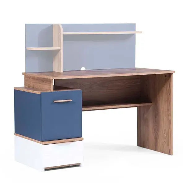 Orion Desk by Lynda Kids with light blue back panel, shelves, and storage unit