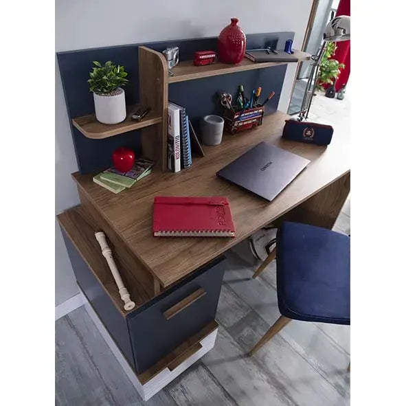 Modern Orion Desk with wooden surface and blue back panel, ideal for Lynda Kids rooms