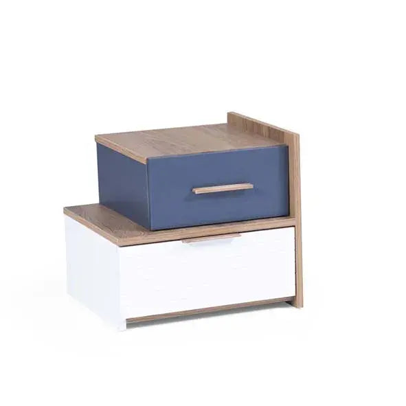 Orion Nightstand with blue and white drawers and light wood accents for Lynda Kids
