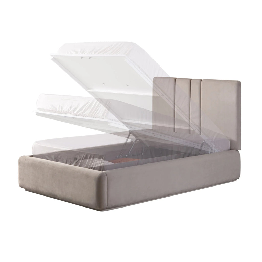 Pera Bed with hydraulic lift storage in light brown upholstery, ideal for Lynda Kids