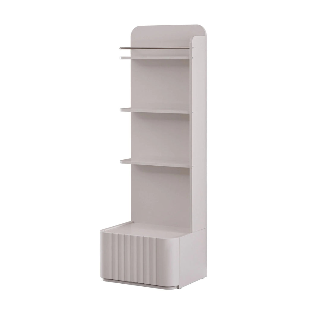 Pera Bookcase with open shelves, metal rods, and closed cabinet for Lynda Kids rooms