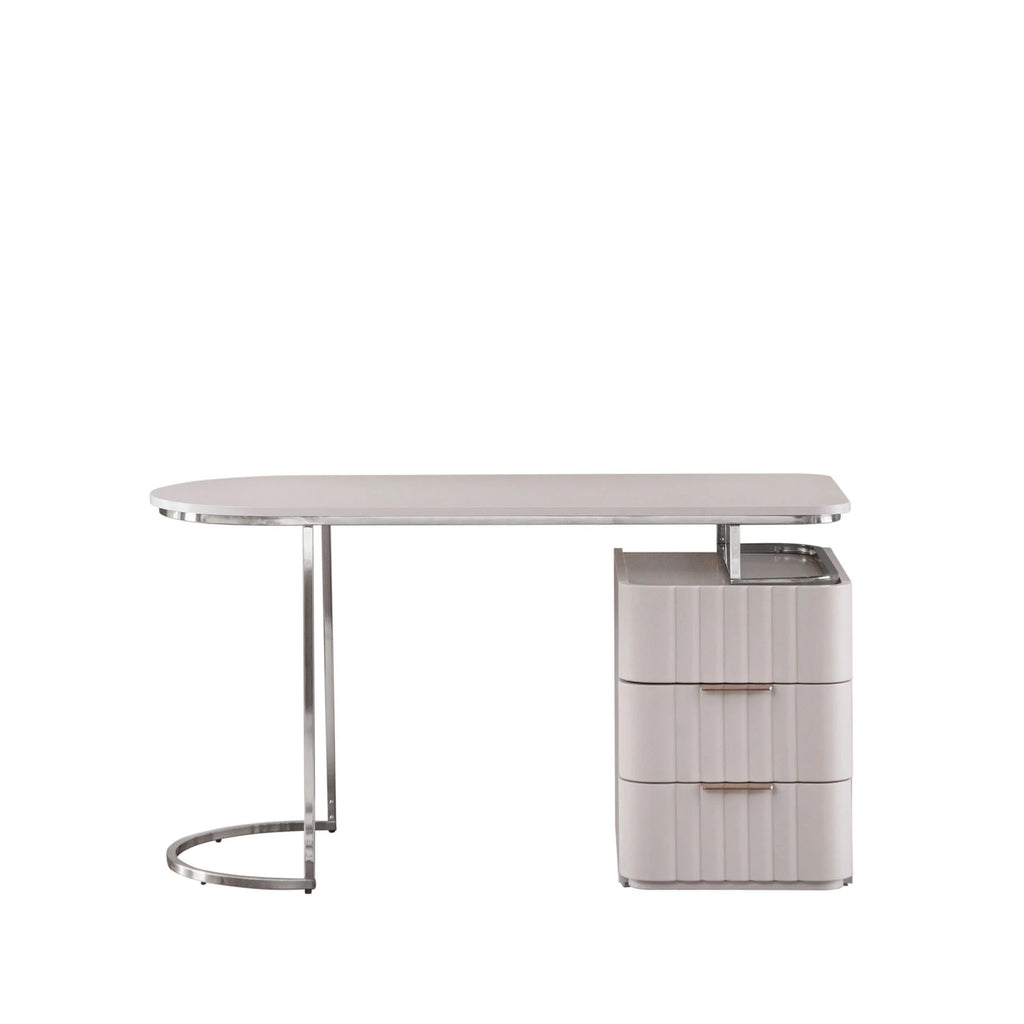 Modern light-colored Pera Desk with chrome C-shaped leg and three-drawer cabinet