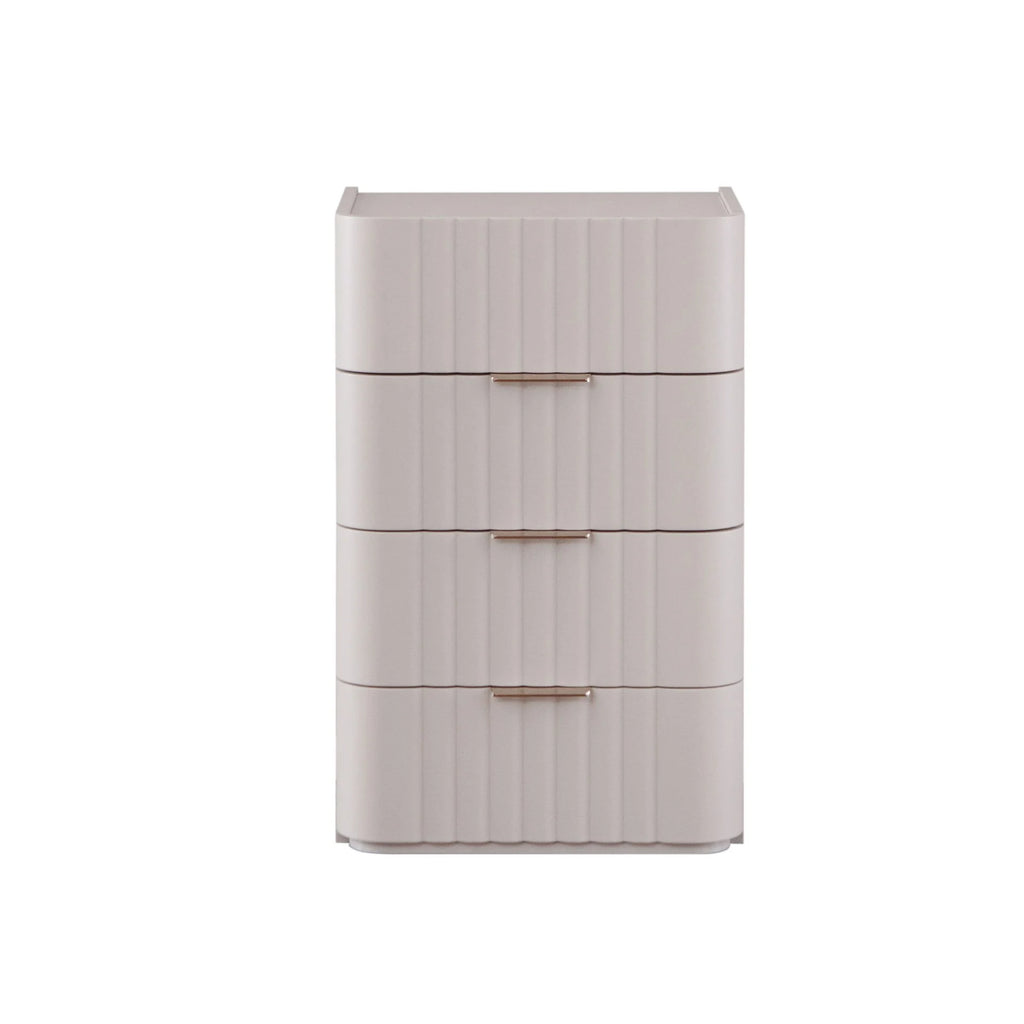 Pera Long Dresser with light-colored vertically ribbed finish and golden handles