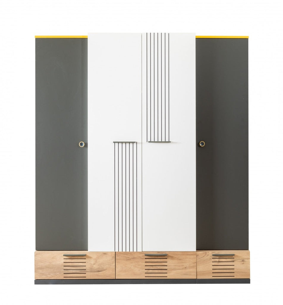 Relax Armoire with dark grey doors, white patterned doors, and light wood drawers