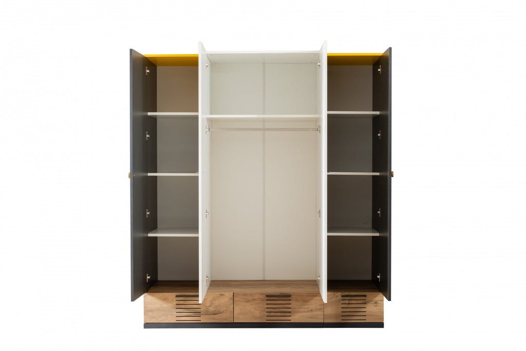 Relax Armoire by Lynda Kids featuring open doors, shelves, hanging rod, and drawers
