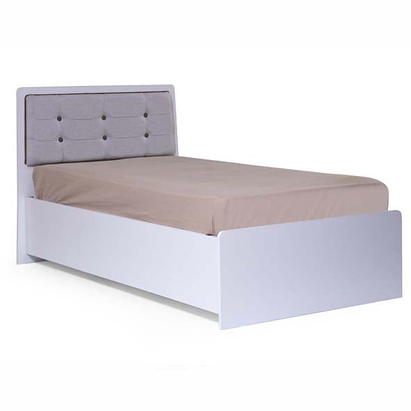 Retro Bed by Lynda Kids featuring a white single bed with light grey tufted headboard