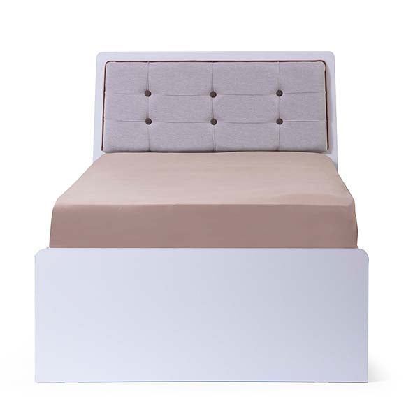 Retro Bed with light brown upholstered headboard and fitted sheet for Lynda Kids
