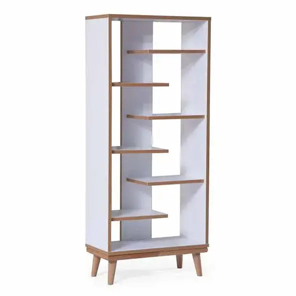Retro bookcase with white and brown wood, asymmetrical shelves, tapered legs for Lynda Kids