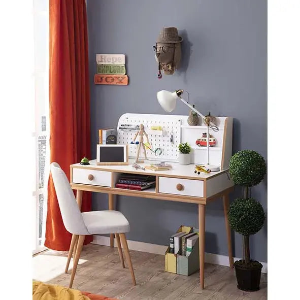 Retro desk with white and wood finish, built-in pegboard and shelves for Lynda Kids