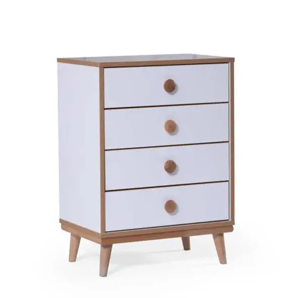 Retro Dresser by Lynda Kids featuring a white four-drawer design with wooden trim