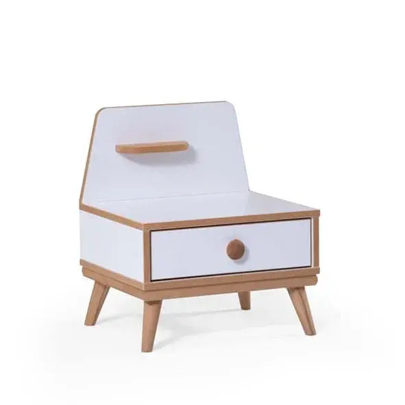 Retro nightstand with white and wood finish, single drawer, and small shelf for Lynda Kids
