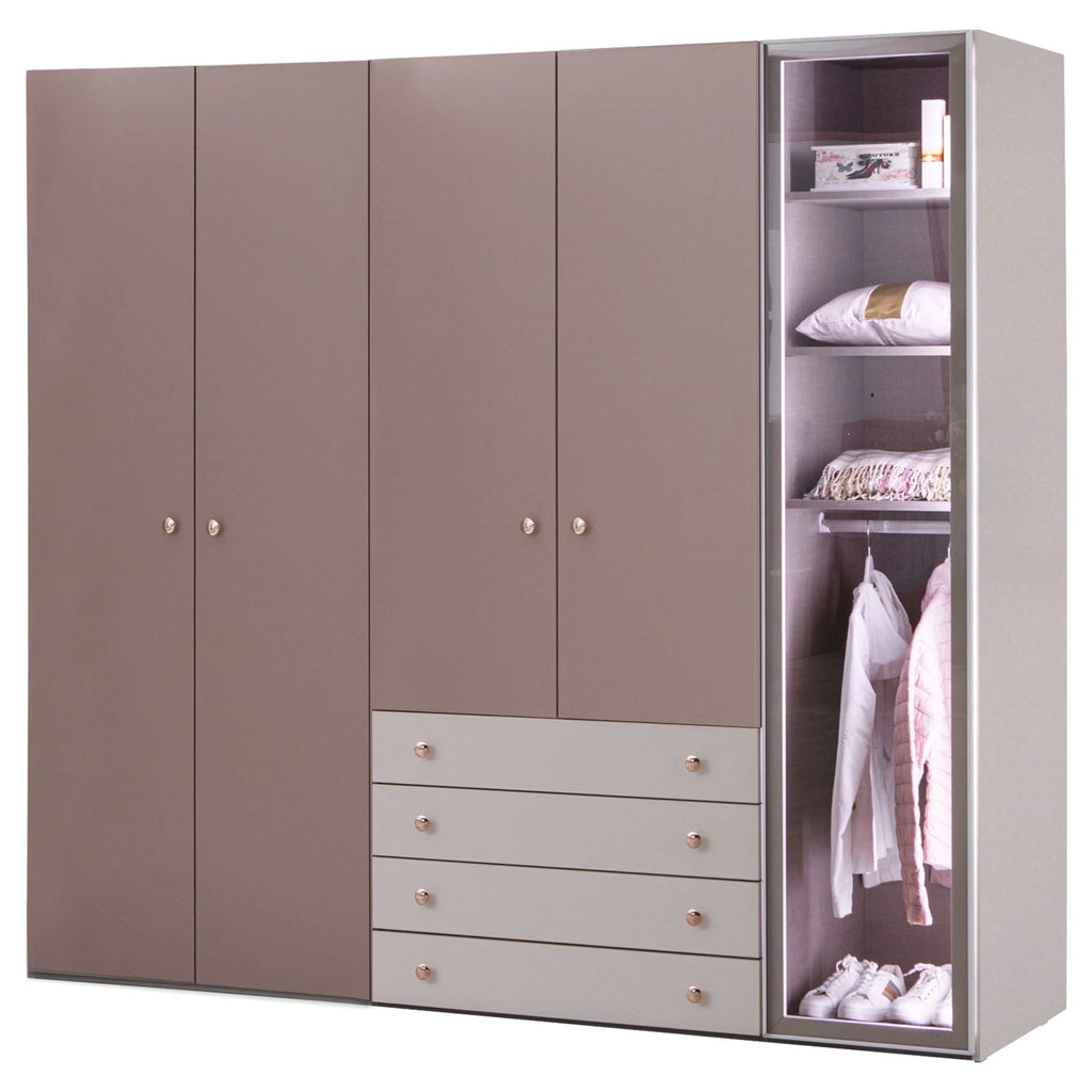Rose Armoire by Lynda Kids featuring taupe doors, light grey drawers, and glass shelves