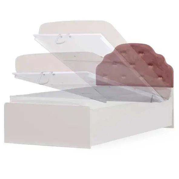 Rose Bed by Lynda Kids featuring a white upholstered frame, adjustable base, and pink tufted headboard