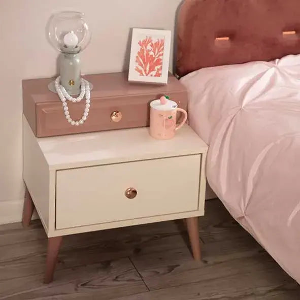 Rose Nightstand with pink top drawer, white bottom drawer, and gold knobs for Lynda Kids