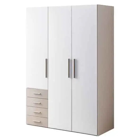 Torino Armoire by Lynda Kids featuring a three-door white wardrobe with four light-colored drawers
