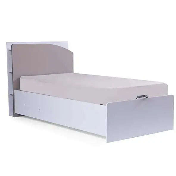 Torino Bed by Lynda Kids: Modern white twin bed with gray upholstered headboard