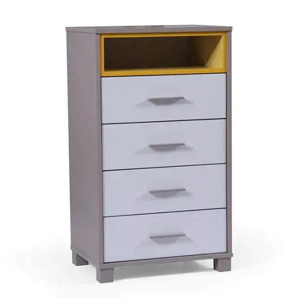 Torino Long Dresser with gray frame yellow open shelf and white drawers with handles