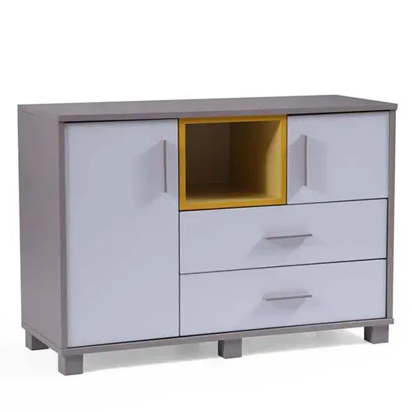 Torino Wide Dresser with two-tone finish, one door, two drawers, and yellow open compartment