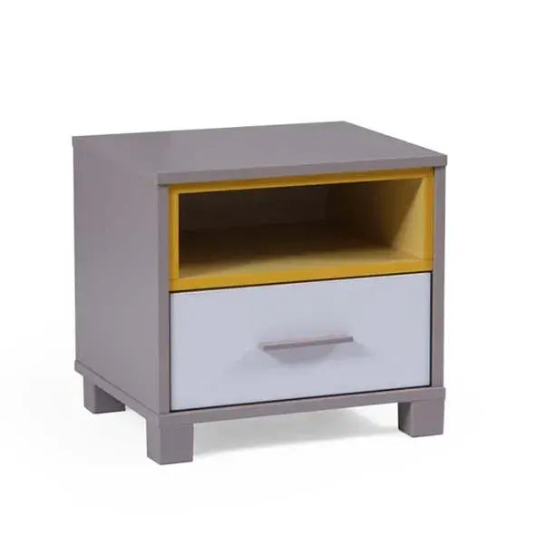 Torino Nightstand by Lynda Kids featuring a gray body, yellow open shelf, and white drawer