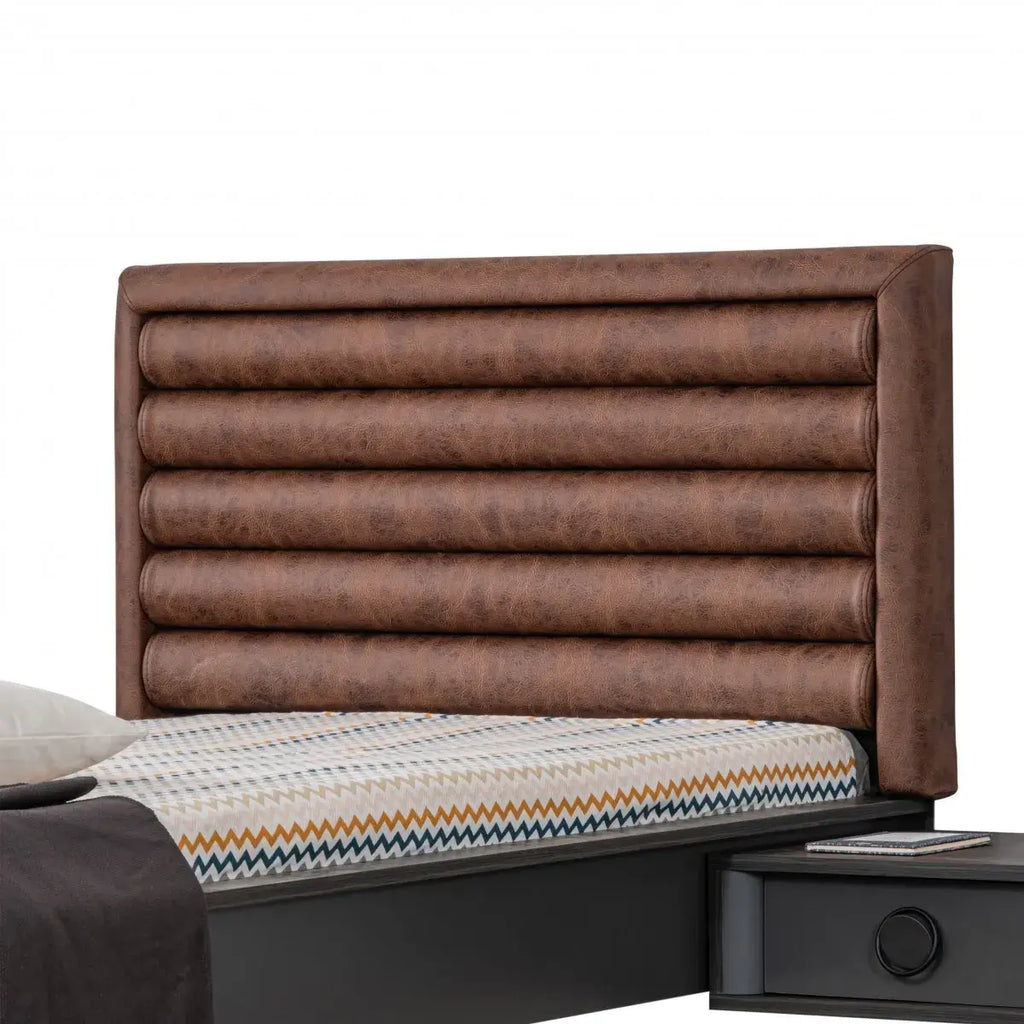 Black Bed with Brown Faux Leather Horizontal Channel Tufted Headboard for Lynda Kids