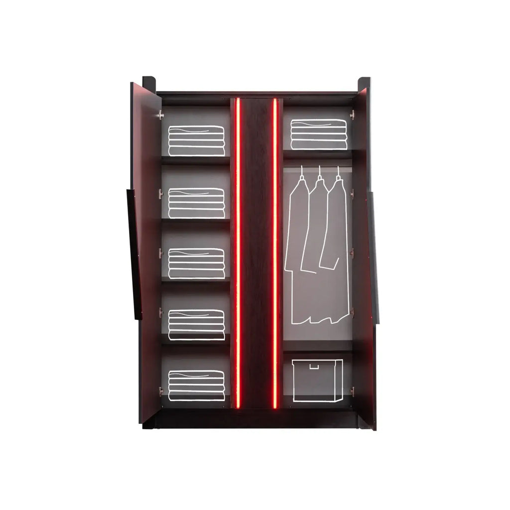 Open Gaming Zone Armoire with red lighting, shelves of folded clothes, and hanging garments