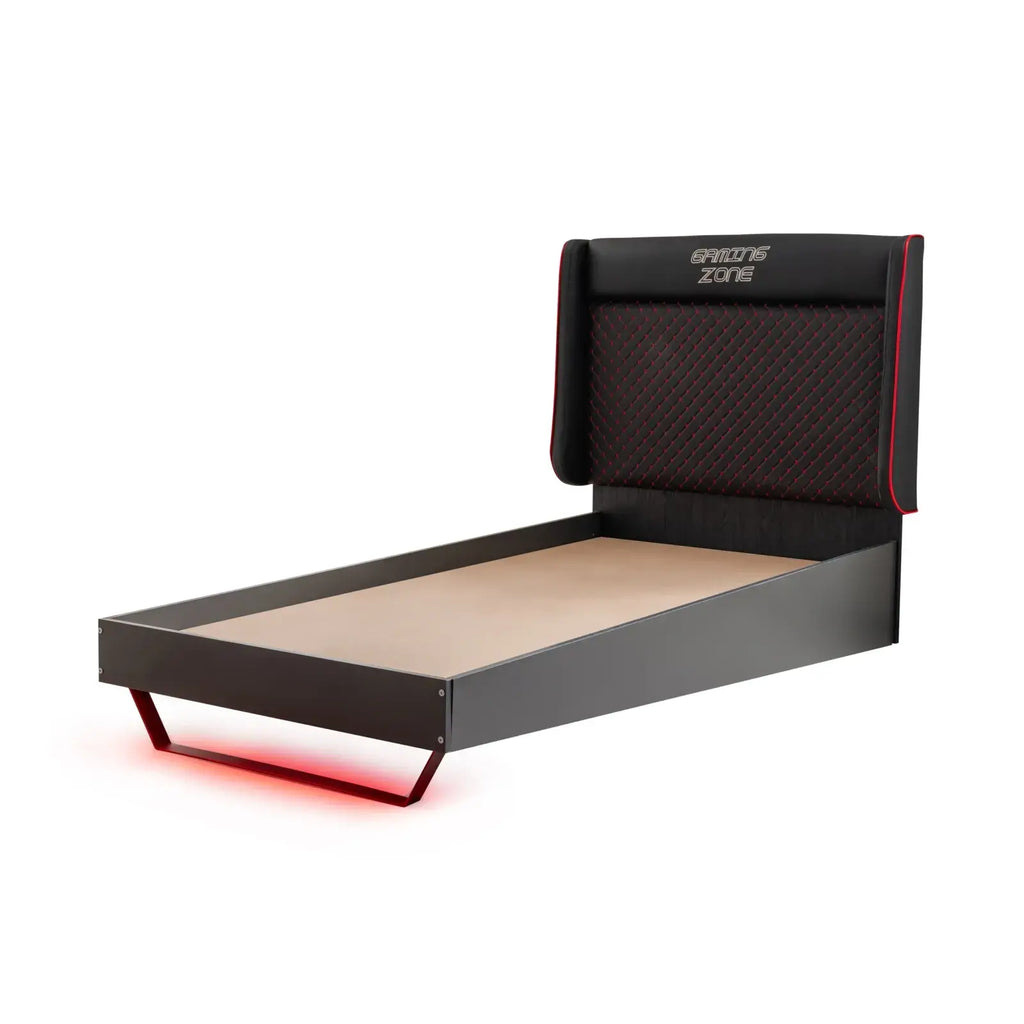 Black single gaming zone bed with padded headboard and red LED lighting for Lynda Kids