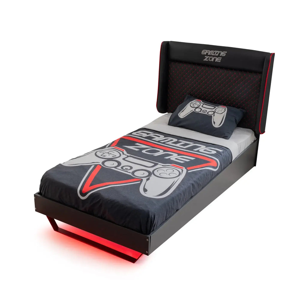 Gaming Zone Bed with gaming-themed duvet, LED lighting, ideal for Lynda Kids room