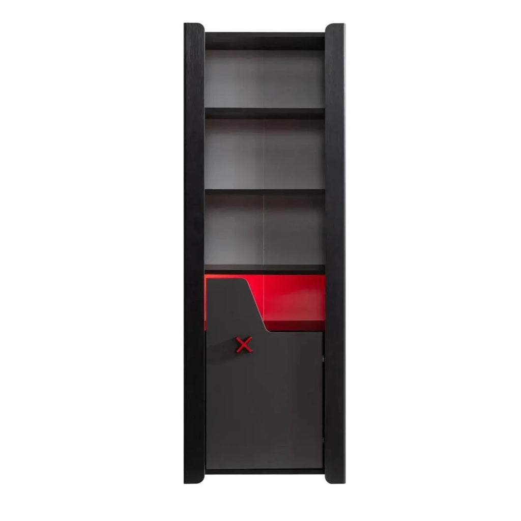 Gaming Zone Bookcase with open shelves and a red and black cabinet with X handle