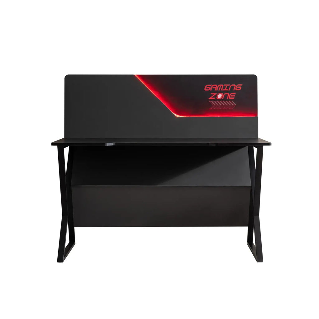 Black Gaming Zone Desk with red LED lighting and raised monitor shelf for gaming