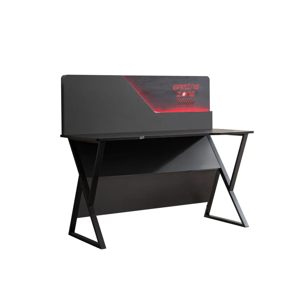 Black Gaming Zone Desk with Red LED Accents for Ultimate Gaming Zone Setup