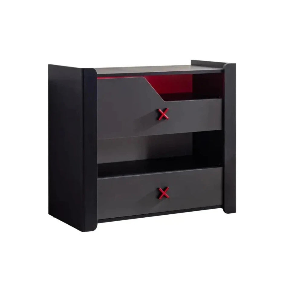Dark gray Gaming Zone Dresser with red X handles and open red interior zone dresser