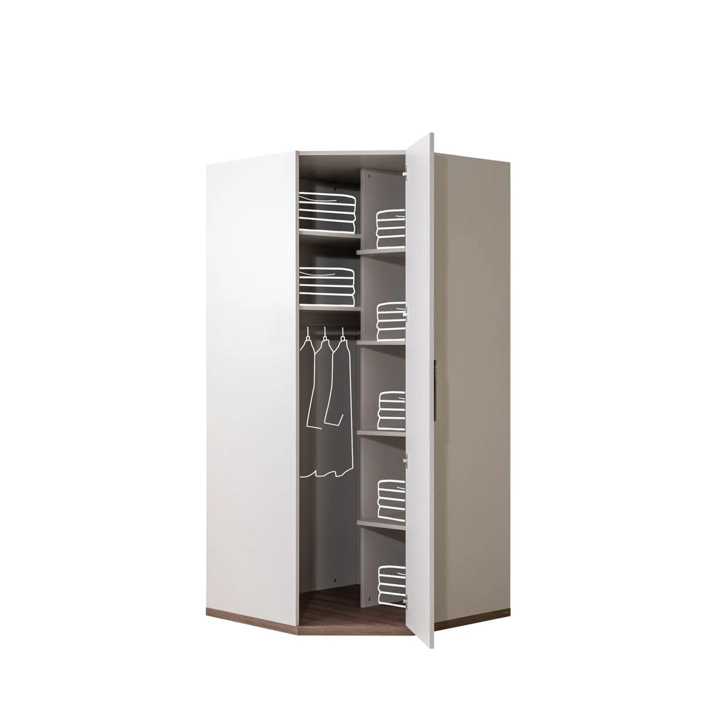 Milano Armoire open door showing shelves and hanging space, perfect for Lynda Kids