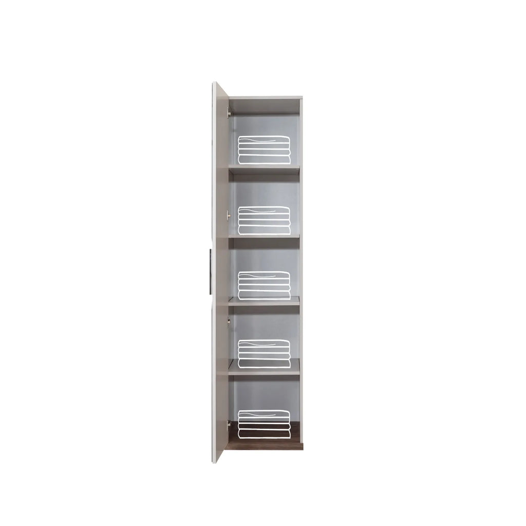 Milano Armoire by Lynda Kids tall white cabinet with five shelves and wire dividers