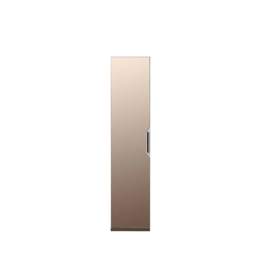 Milano Armoire by Lynda Kids featuring a tall narrow light-brown refrigerator with recessed handle