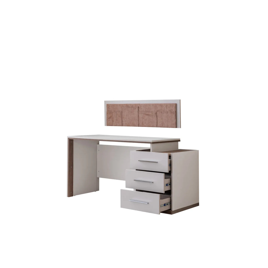 Milano Desk by Lynda Kids, white and brown wooden desk with three drawers and wall shelf